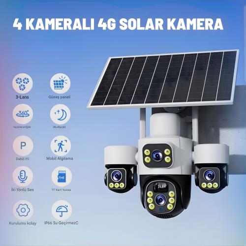 INOX-X14 4LENS 3.6mm ESİM SOLAR KAMERA 4G  2+2+2+2MP Ses algılama 20Mt Solar Panel+ Dahili Batarya